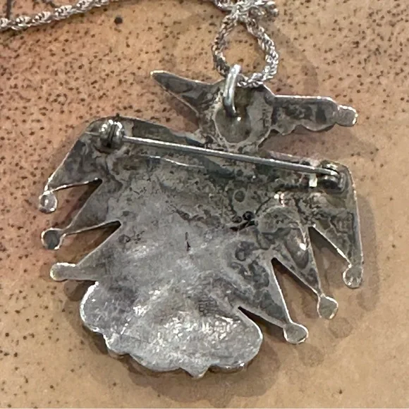 Vintage Old Pawn Zuni Sterling Silver Inlay Thunderbird Pendant Brooch Necklace - Picture 5 of 9